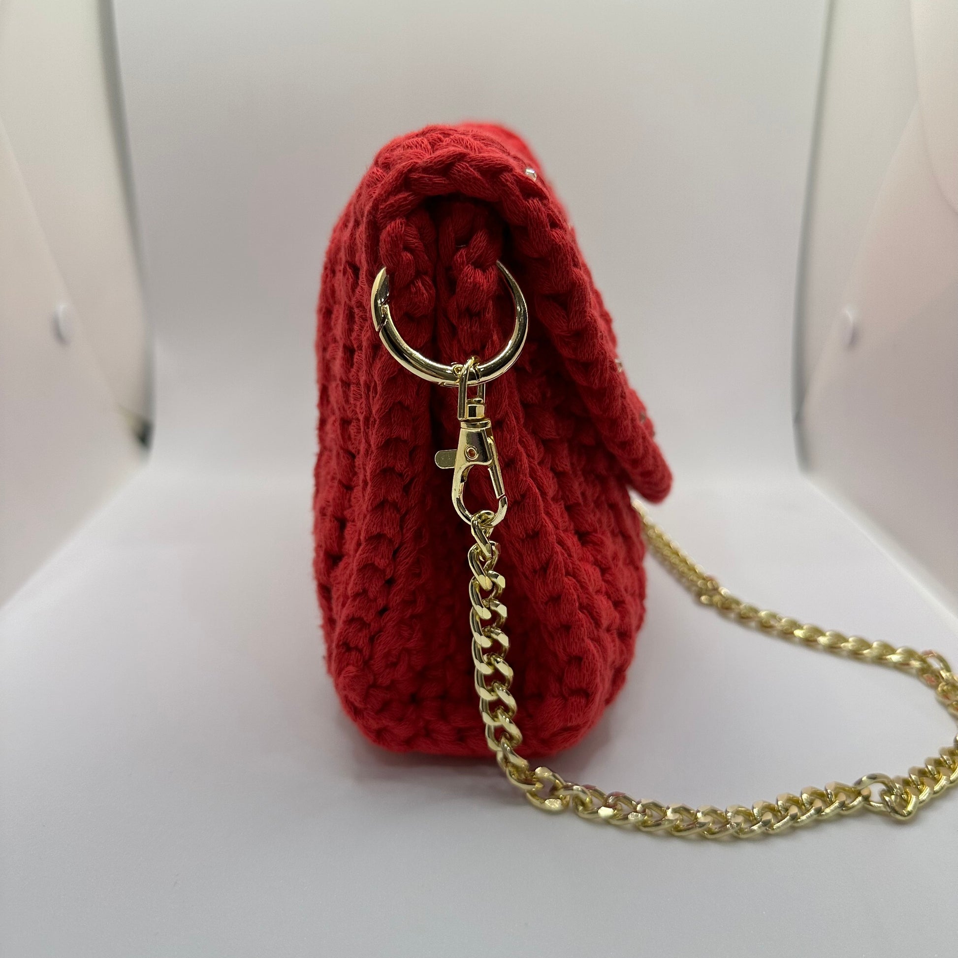 crochet bag, red crochet bag, rhinestones, gold chain