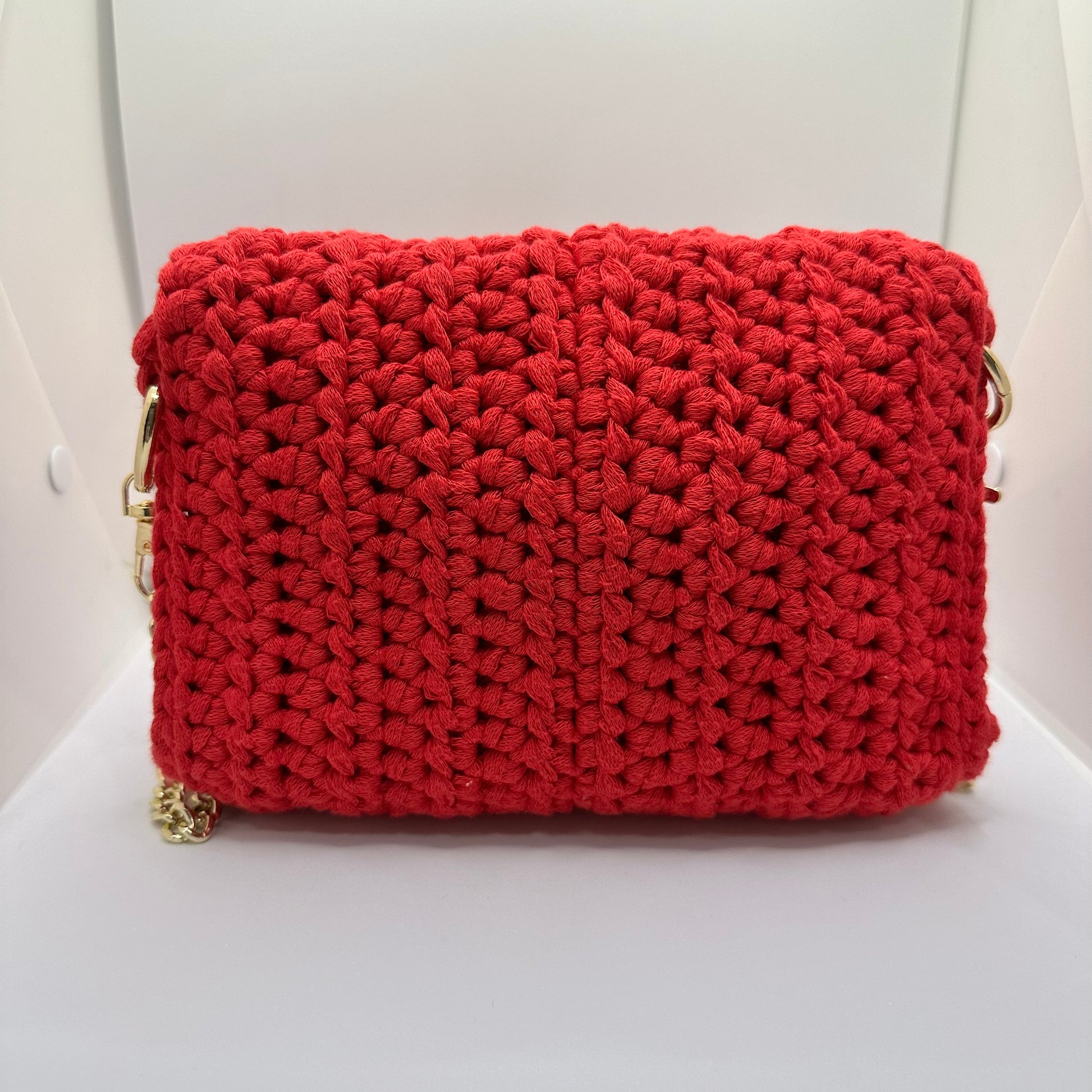 crochet bag, red crochet bag, rhinestones, gold chain