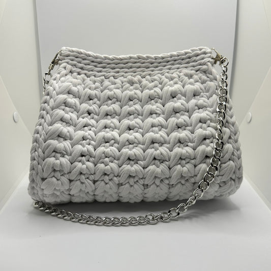 crochet bag, white crochet bag, silver chain