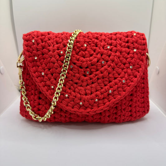 crochet bag, red crochet bag, rhinestones, gold chain